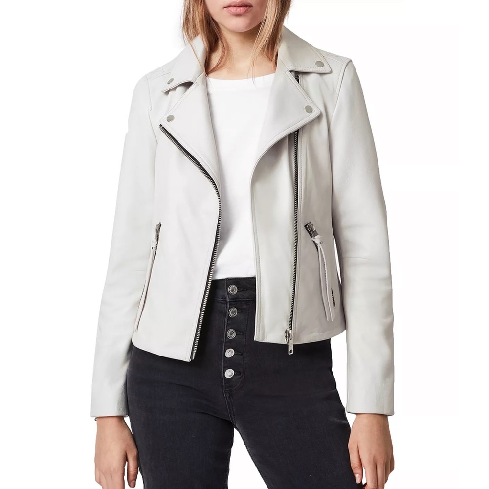 Allsaints leather jacket white moto biker zip Dalby